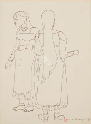 A. Ramachandran (Artist), Untitled (Two Women), 1973, Drawing
