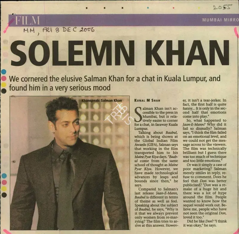 Kunal M. Shah (Reporter), Solemn Khan, 2006, Newspaper Clipping