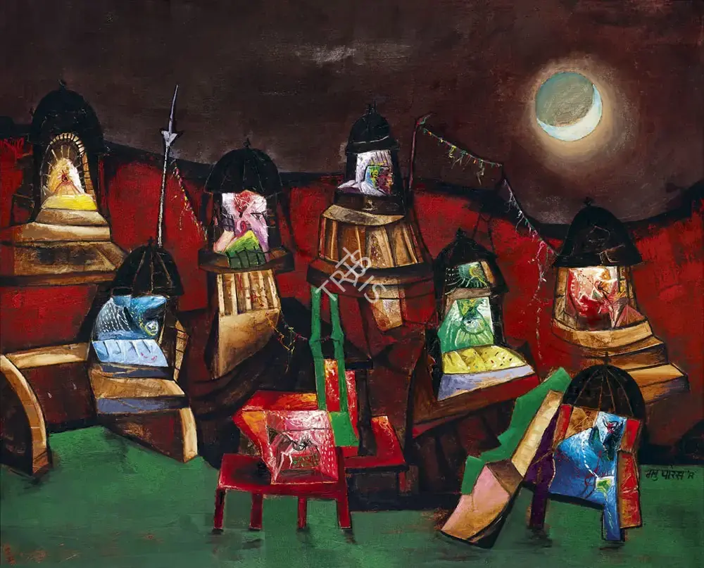 Manu Parekh (Artist), Banaras with Moon I, 2012, Painting