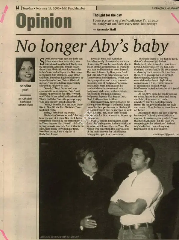 Nandita Puri (Reporter), No longer Aby's Baby, 2006, Newspaper Clipping
