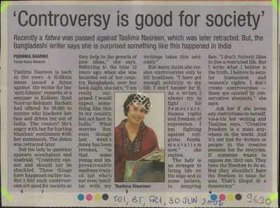 Purnima Sharma (Reporter), Controversy is Good For Society, 2006, Newspaper Clipping