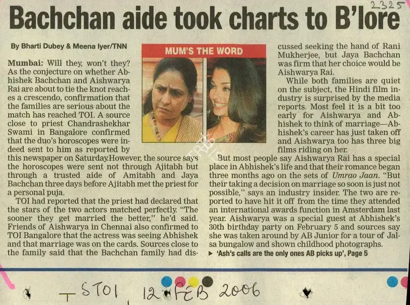 Bharti K. Dubey (Reporter), Bachchan Aide Took Charts to B'Lore, 2006, Newspaper Clipping