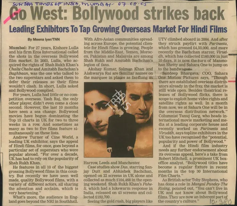 Meena Iyer (Reporter), Go West: Bollywood Strikes Back, 2005, Newspaper Clipping