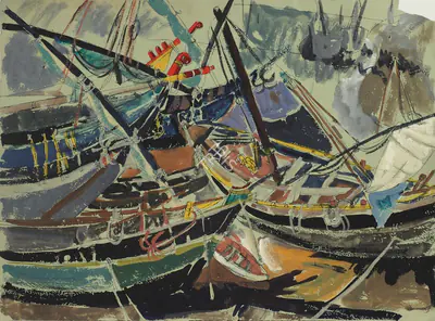 Jyoti&nbsp;Bhatt (Artist), Boats at Ghogha, 1955, Painting