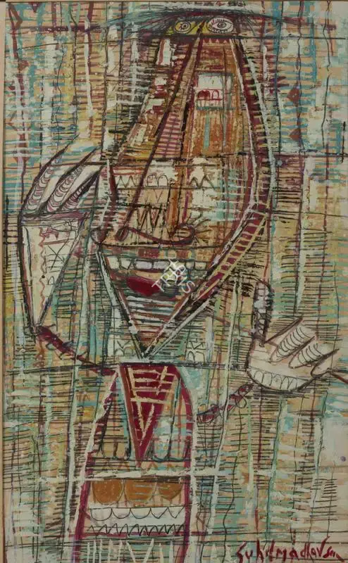 Sen, Sunil Madhav (Artist). Untitled (Man with Instrument), n.d. | Painting, Pr.Mum/15.07.25, 2025 · Prinseps