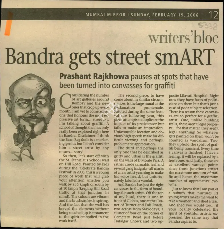 Prashant Rajkhowa (Reporter), Bandra gets street sm ART, 2006, Newspaper Clipping