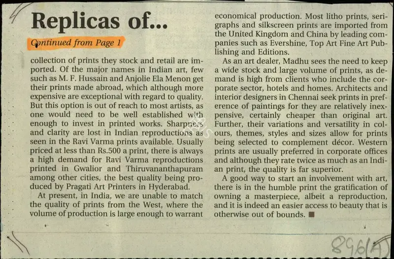 Swapna Sathish (Reporter), Replicas of a Rich Heritage, 2003, Newspaper Clipping