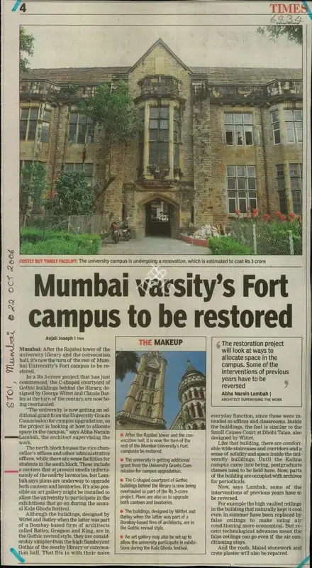 Anjali Joseph (Reporter), Mumbai Varsity's Fort Campus to be Restored, 2006, Newspaper Clipping