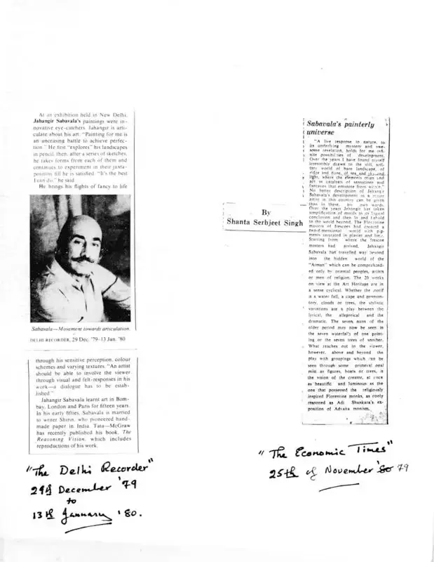 Shanta Serbjeet Singh (Writer), Sabavala's painterly universe, 1979, Newspaper Clipping