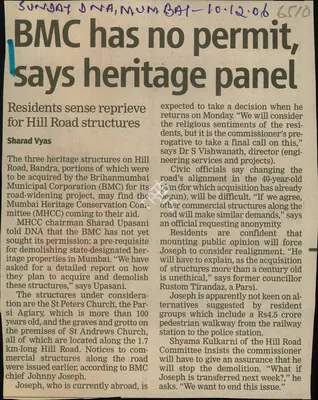 Sharad Vyas (Reporter), BMC has no Permit, says Heritage Panel, 2006, Newspaper Clipping