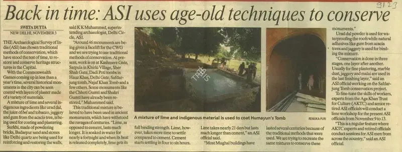 Sweta Dutta (Reporter), Back in Time: ASI Uses age-old Techniques to Conserve, 2009, Newspaper Clipping
