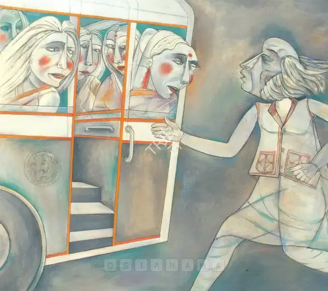 Sen, Paritosh (Artist). Man Trying To Hop Into A Ladies, 1991 | Painting, So.NeY/24.09.04, 1991
