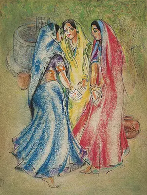 N.S. Bendre (Artist), Women At Well, 1939, Painting