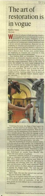 Manisha Yadava (Reporter), The Art of Restoration is in Vogue, 2009, Newspaper Clipping