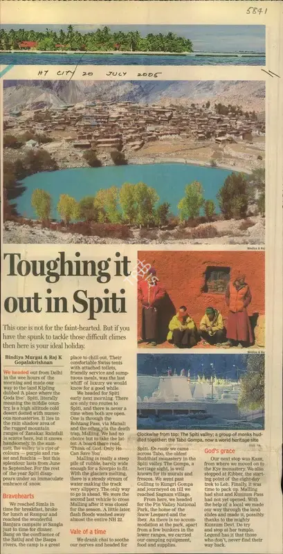 Bindiya Murgai (Reporter), Toughing it Out in Spiti, 2005, Newspaper Clipping