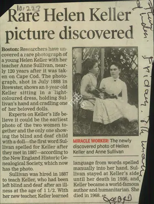 Rare Helen Keller Picture Discovered, 2008, Newspaper Clipping