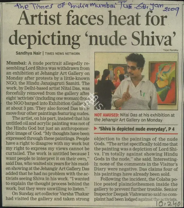 Sandhya Nair (Reporter), Artist faces heat for Depicting 'nude Shiva', 2009, Newspaper Clipping