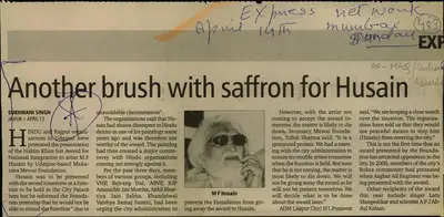 Sukhmani Singh (Reporter), Another Brush With Saffron for Husain, 2002, Newspaper Clipping