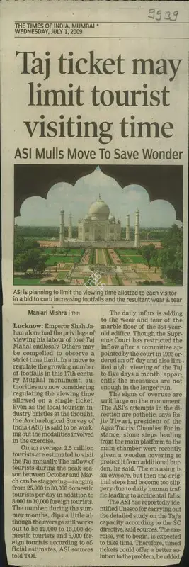 Manjari Mishra (Reporter), Taj Ticket May Limit Tourist Visiting Time, 2009, Newspaper Clipping