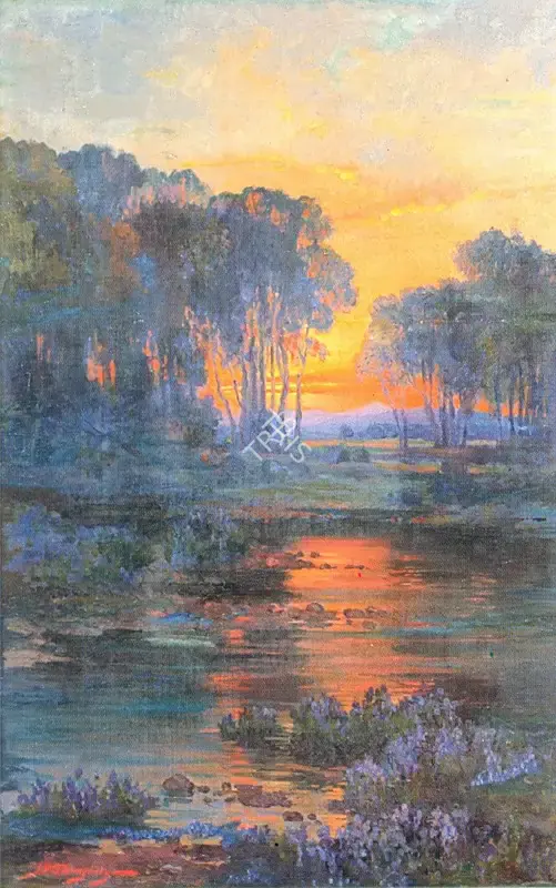 J.P. Gangooly (Artist), Landscape at Evening, Painting