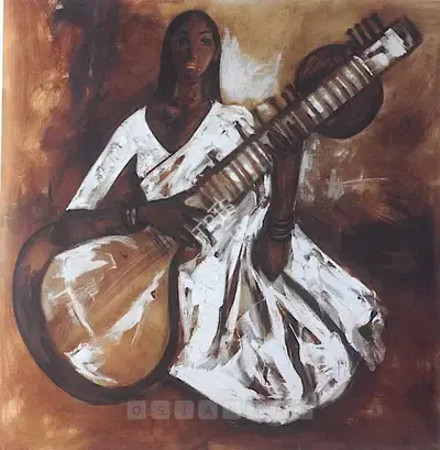 B. Prabha (Artist), Untitled (Girl Playing A Sitar), 1967, Painting