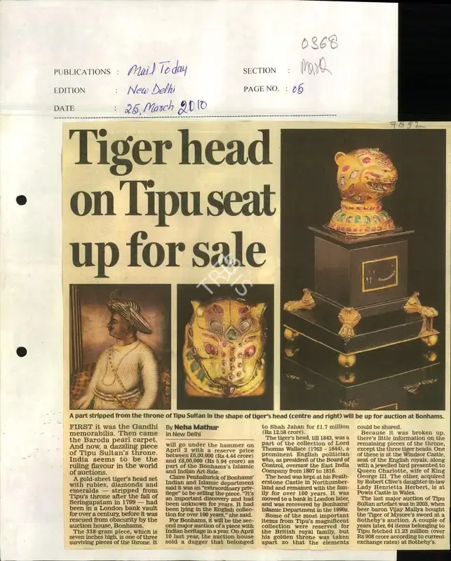 Neha Mathur (Reporter), Tiger Head on Tipu Seat up for Sale, 2010, Newspaper Clipping