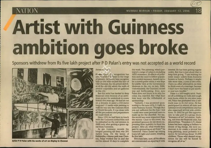 Jayaraj Sivan (Reporter), Artist with Guineness Ambition Goes Broke, 2006, Newspaper Clipping