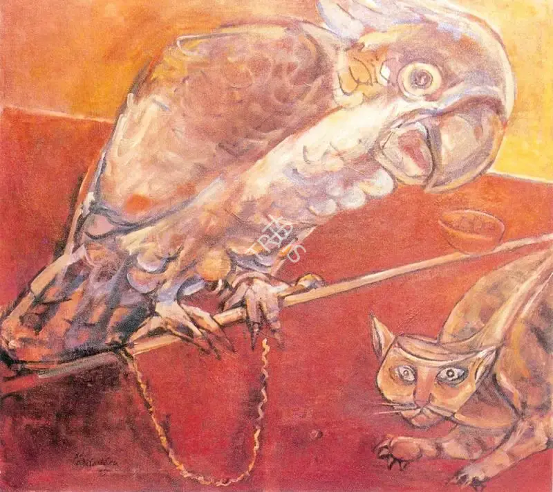 Paritosh Sen (Artist), The Cockatoo and the Cat, 1989, Painting