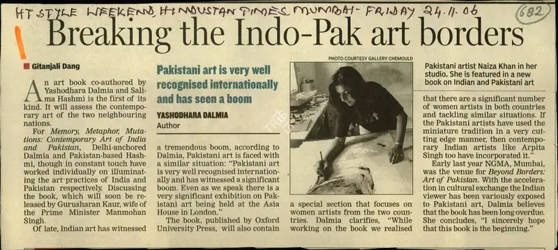 Gitanjali Dang (Reporter), Breaking the Indo-Pak Art Borders, 2006, Newspaper Clipping