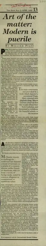William Pfaff (Writer), Art of the Matter: Modern is Puerile, 2000, Newspaper Clipping
