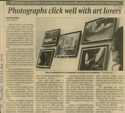 Rashmi Kumar (Reporter), Photographs click well with art lovers, 2006, Newspaper Clipping