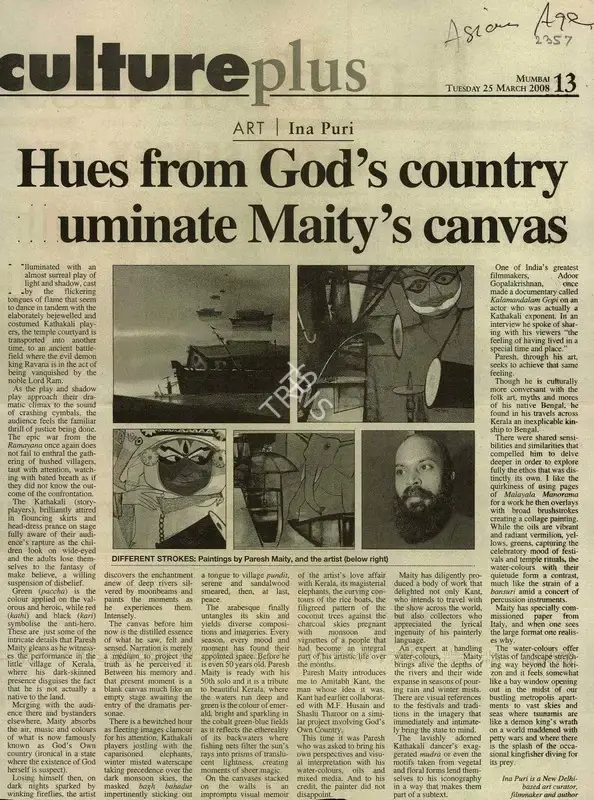 Ina Puri (Reporter), Hues From God's Country Illuminate Maity's Canvas, 2008, Newspaper Clipping