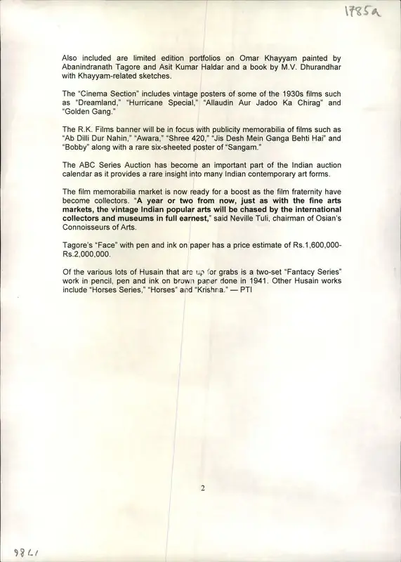 Tagore, Hussain works up for sale, 2008, Newspaper Clipping