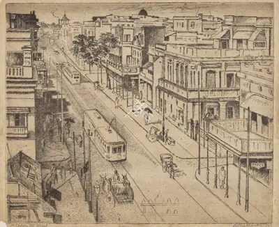 Chakravorty, Ramendranath (Artist). A Calcutta Street, 1943 | Print, Sa.Onl/02.04.26, 2026 · Saffronart