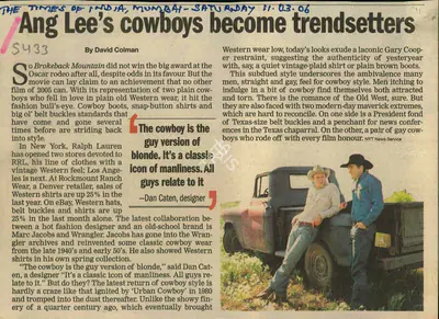 David Colman (Reporter), Ang Lee's cowboys become trendsetters, 2006, Newspaper Clipping