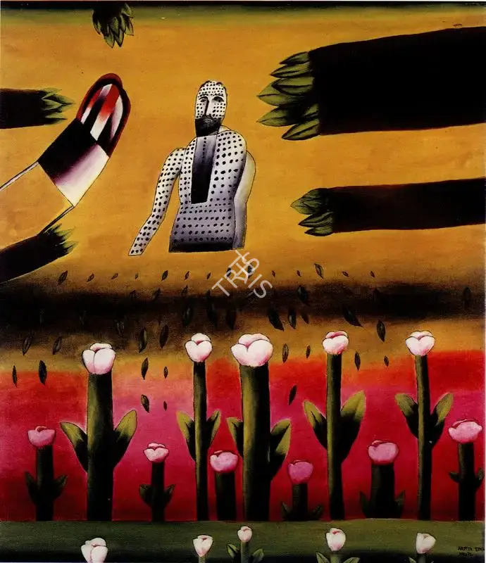 Arpita Singh (Artist), Man And Flowers, 1972, Painting