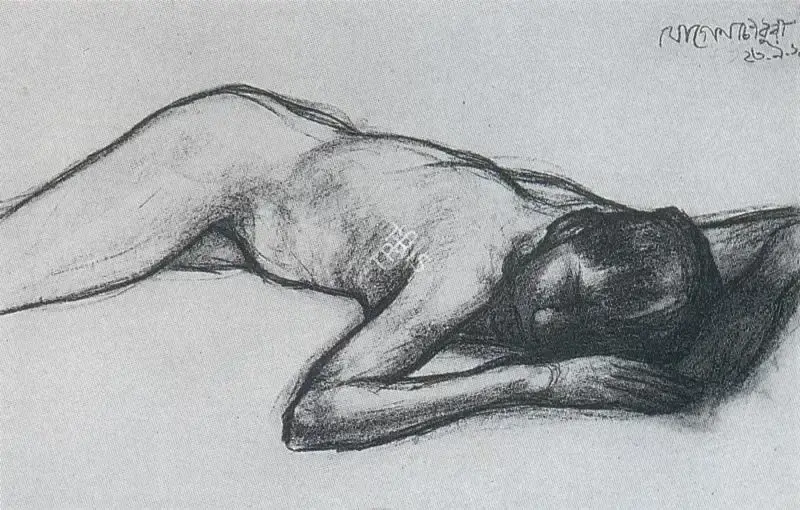 Jogen Chowdhury (Artist), Woman Reclining, 1964, Drawing