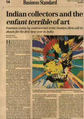 Kishore Singh (Reporter), Indian Collectors and The Enfant Terrible of Art, 2008, Newspaper Clipping