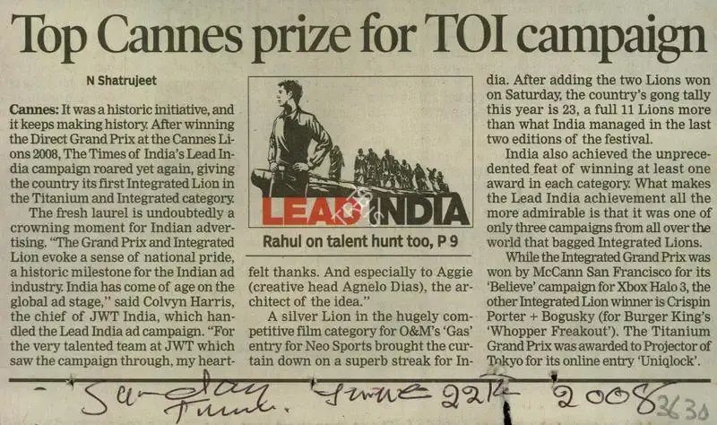 N. Shatrujeet (Reporter), Top Cannes Prize For TOI Campaign, 2008, Newspaper Clipping