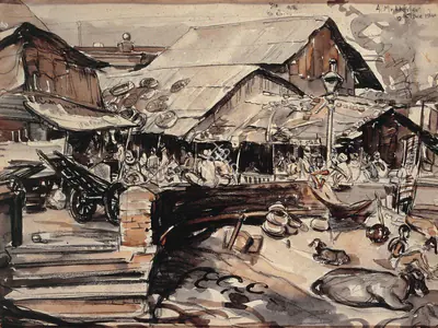 Adinath Mukherjee (Artist), Calcutta Roadside Scene, 1941, Painting