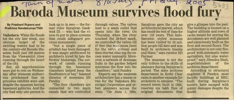 Prashant Rupera (Reporter), Baroda Museum Survives flood fury, 2005, Newspaper Clipping