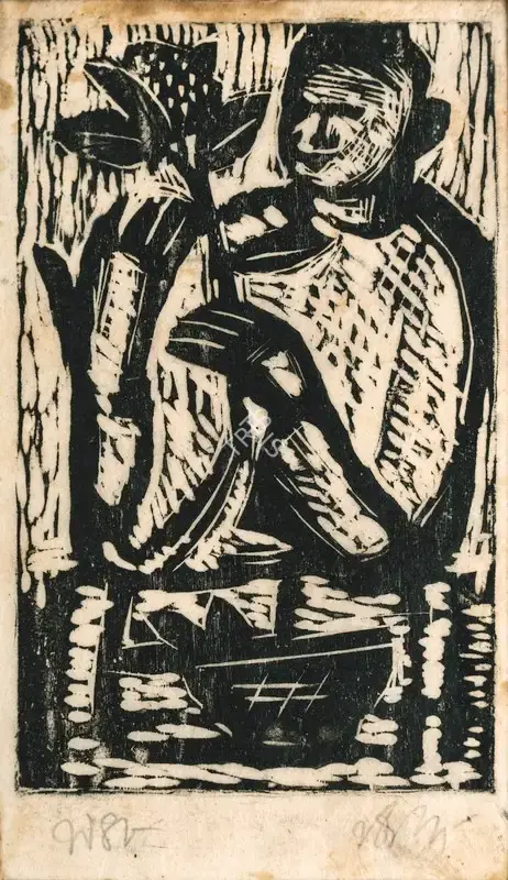 B.B. Mukherjee (Artist), Man with flower, 1948, Graphic Art