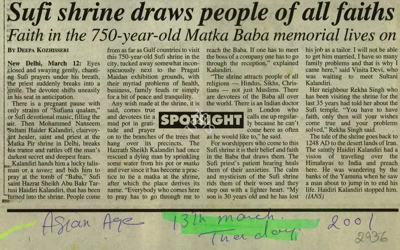 Deepa Kozhisseri (Reporter), Sufi Shrine Draws People of All Faiths, 2001, Newspaper Clipping