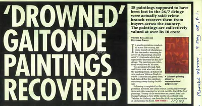 Vishwas Kulkarni (Writer), Drowned' Gaitonde Paintings Recovered, 2008, Newspaper clipping
