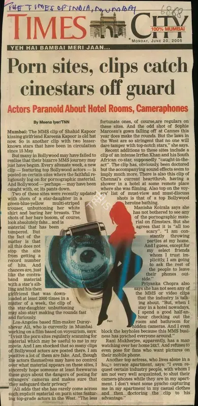 Meena Lyer (Reporter), Porn sites, clips catch Cinestars off Guard, 2005, Newspaper Clipping