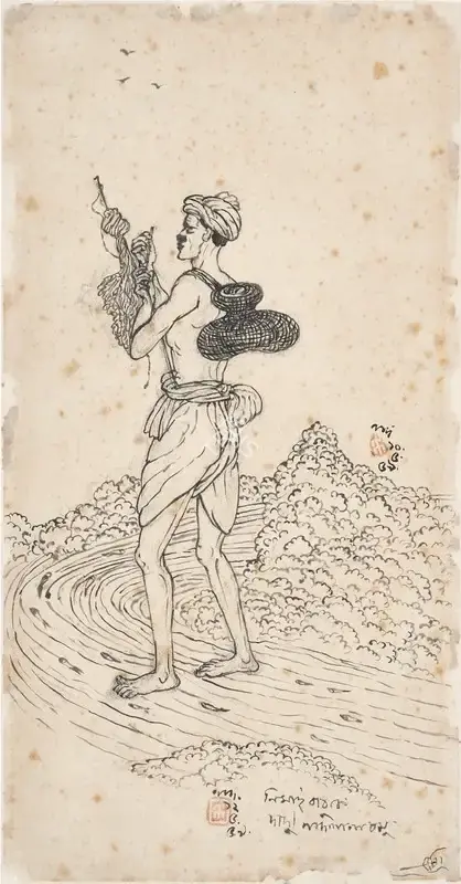 Nandalal Bose (Artist), Fisherman, 1959, Drawing