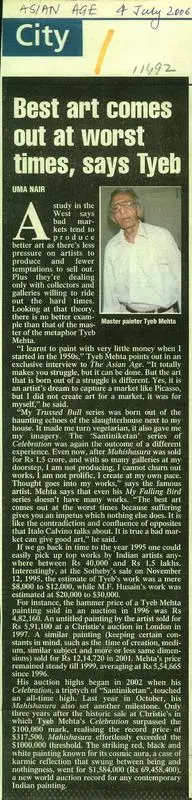 Uma Nair (Writer), Best Art Comes Out At Worst Times, Says Tyeb, 2006, Newspaper clipping
