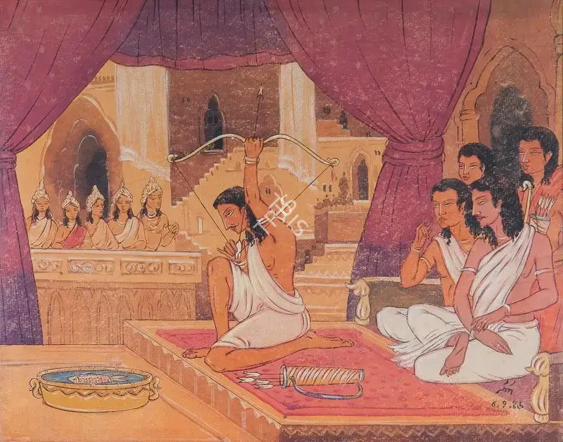 Nandalal Bose (Artist), Mahabharata Series: Arjuna aiming his arrow into the Eye of the Fish while seeing its rotating  reflection, 1946, Painting
