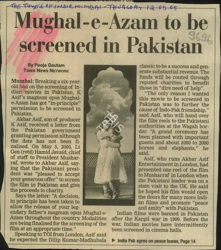 Pooja Gautam (Writer), Mughal-e-Azam to Be Screened in Pakistan, 2005, Newspaper Clipping