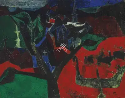 S.H. Raza (Artist), Untitled (Village dans un Paysage), 1955, Painting